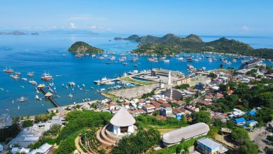 Aerial view of Labuan Bajo town, harbour and surrounding islands in Flores, Indonesia